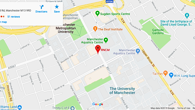 A Google Map of a section of Manchester city centre that contains the RNCM. 